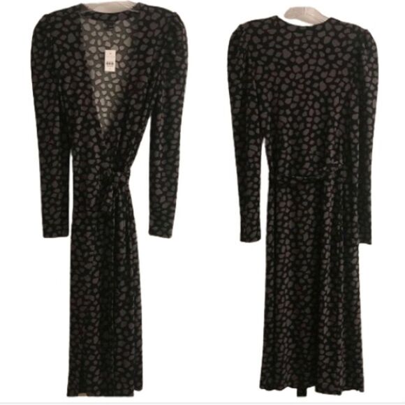 NEW Ann Taylor Wrap Dress Modern Giraffe Print Puff Shoulder Midi 0 - Picture 3 of 8